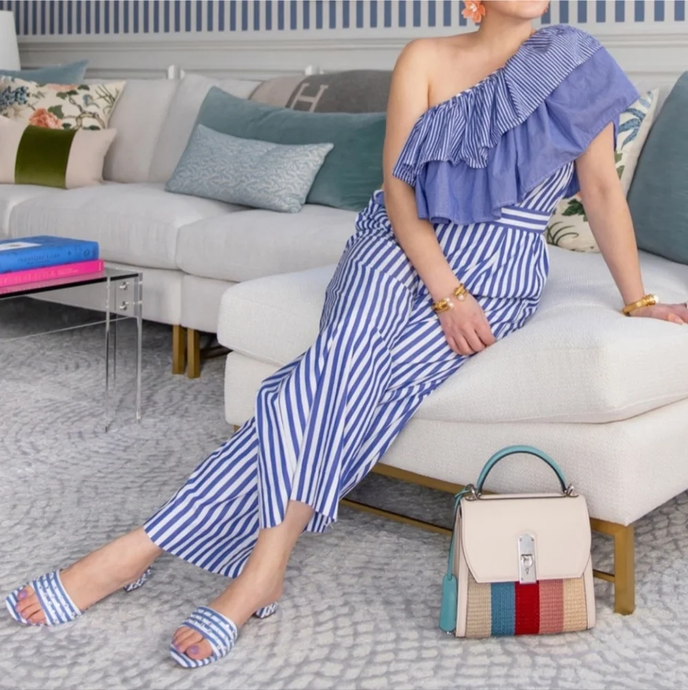 J. Crew One Shoulder Blue Mixed Stripe Jumpsuit Sz 0. New without tags